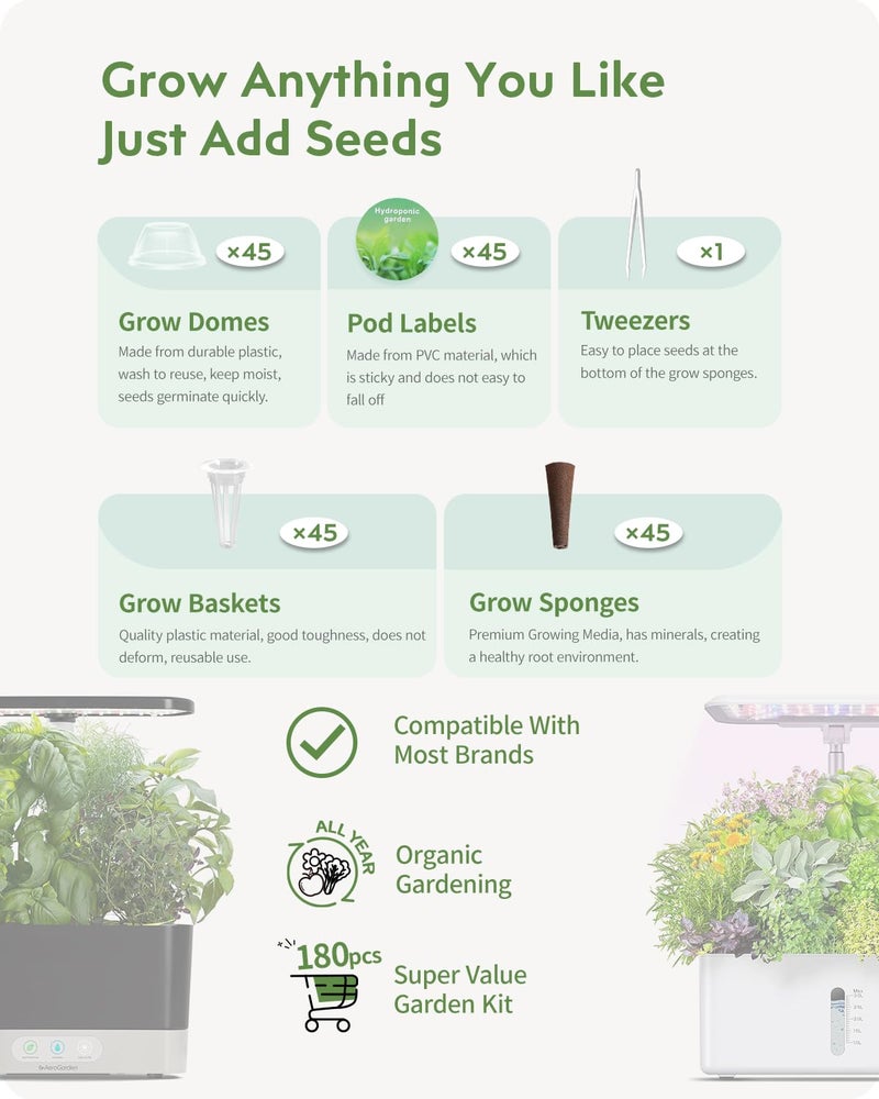 180 قطعة من لوازم القرون المائية من URUQ: مجموعة أدوات زراعة أي شيء مع 45 إسفنجة نمو، و45 سلة نمو، و45 قبة نمو، و45 ملصق قرنة - متوافقة مع نظام الزراعة المائية في الحديقة الداخلية من معظم العلامات التجارية - Image 3